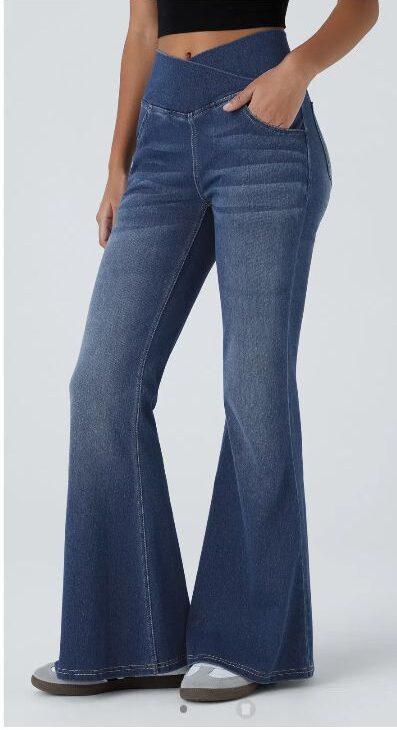 Halara Flex™ High Waisted Crossover Pocket Washed Stretchy Knit Casual Flare Jeans